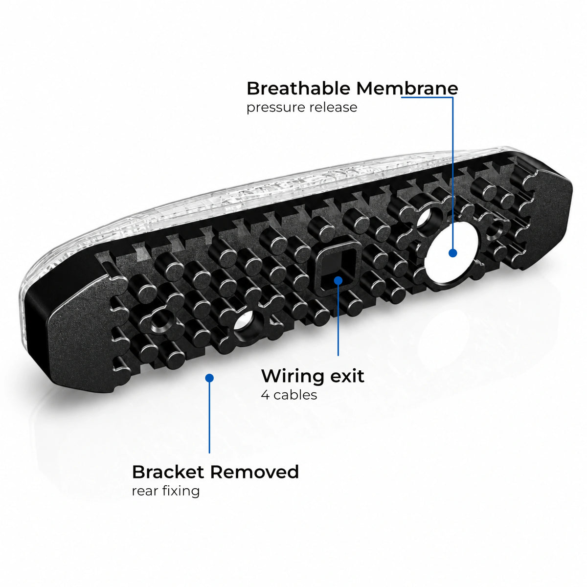 X6 18W LED warning light head, angled underside view of the ribbed mounting base with callout labels pointing to the breathable membrane, wiring exit, and bracket removal area on a white background.