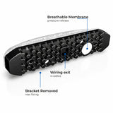 X6 18W LED warning light head, angled underside view of the ribbed mounting base with callout labels pointing to the breathable membrane, wiring exit, and bracket removal area on a white background.