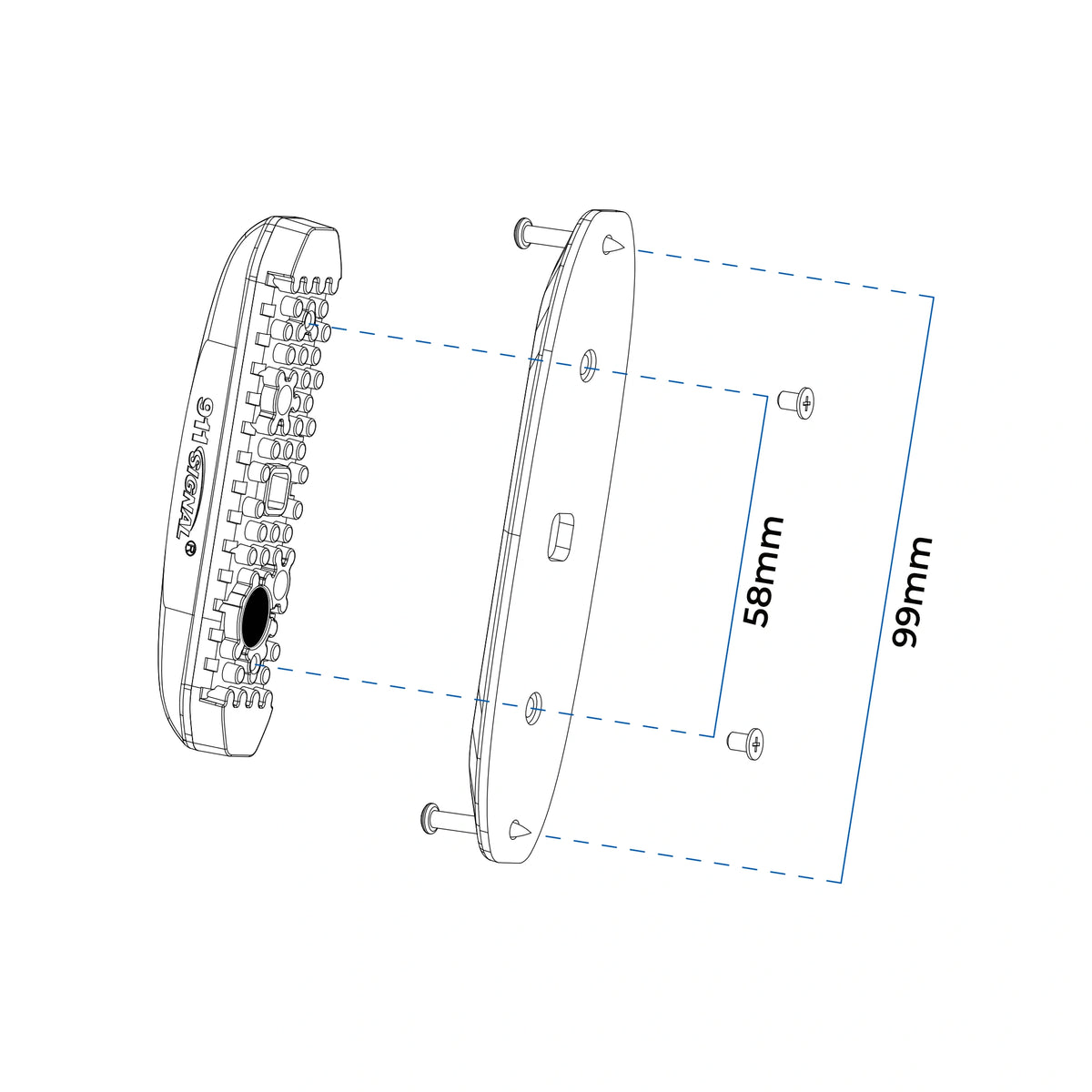 Technical dimension diagram of X6 18W LED warning light head with mounting hardware, showing front and side views with measurements labeled 58mm and 99mm on a white background.