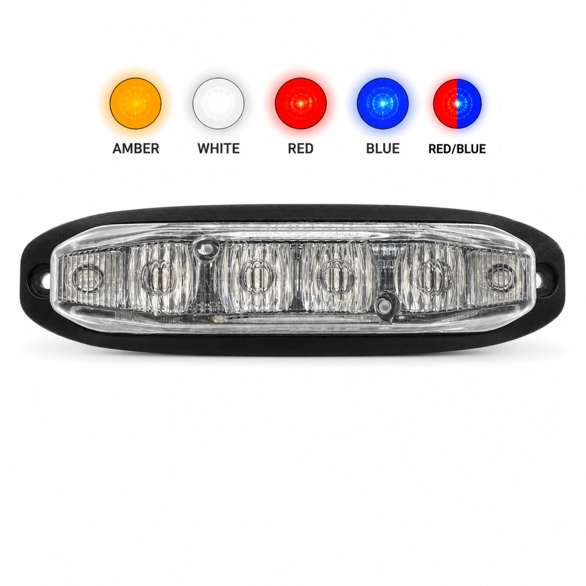 X6 18W LED warning light head shown below five output colour swatches labelled amber, white, red, blue and red/blue