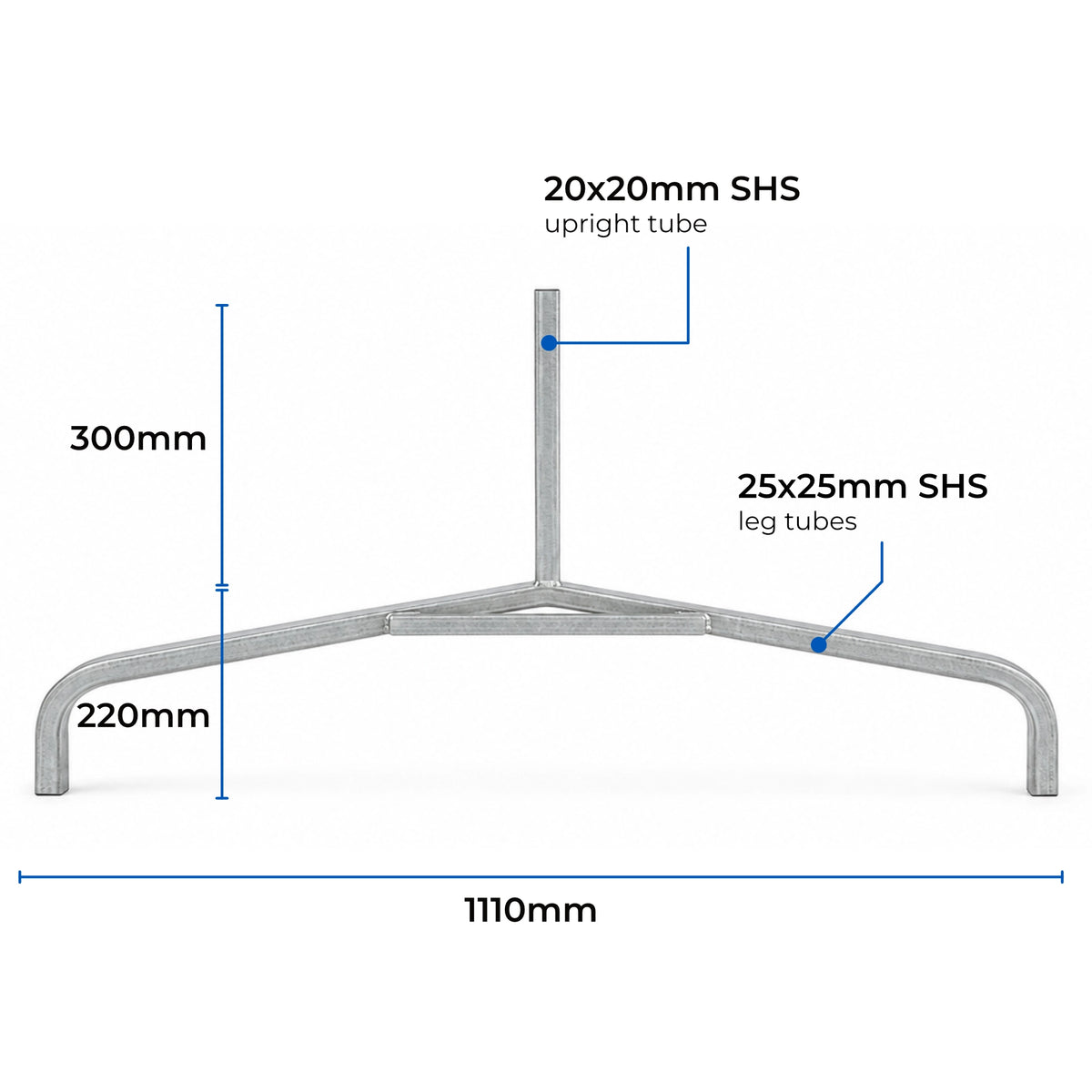 Feature graphic for the DuraGal curved traffic sign frame leg showing the 300mm stem length and 1110mm total width