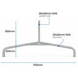 Feature graphic for the DuraGal curved traffic sign frame leg showing the 300mm stem length and 1110mm total width