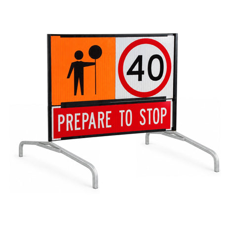 DuraGal curved traffic sign frame leg deployed supporting a sign frame in a temporary traffic management setup