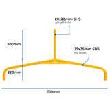 Feature graphic for the curved traffic sign frame leg showing the 300mm stem length and 1110mm total width
