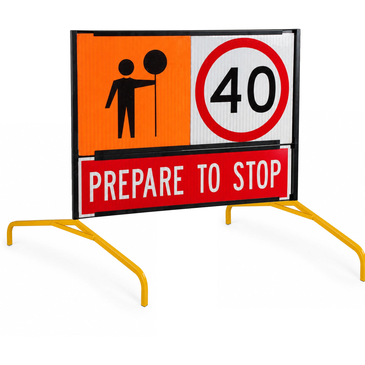 Curved traffic sign frame leg deployed supporting a sign frame in a temporary traffic management setup