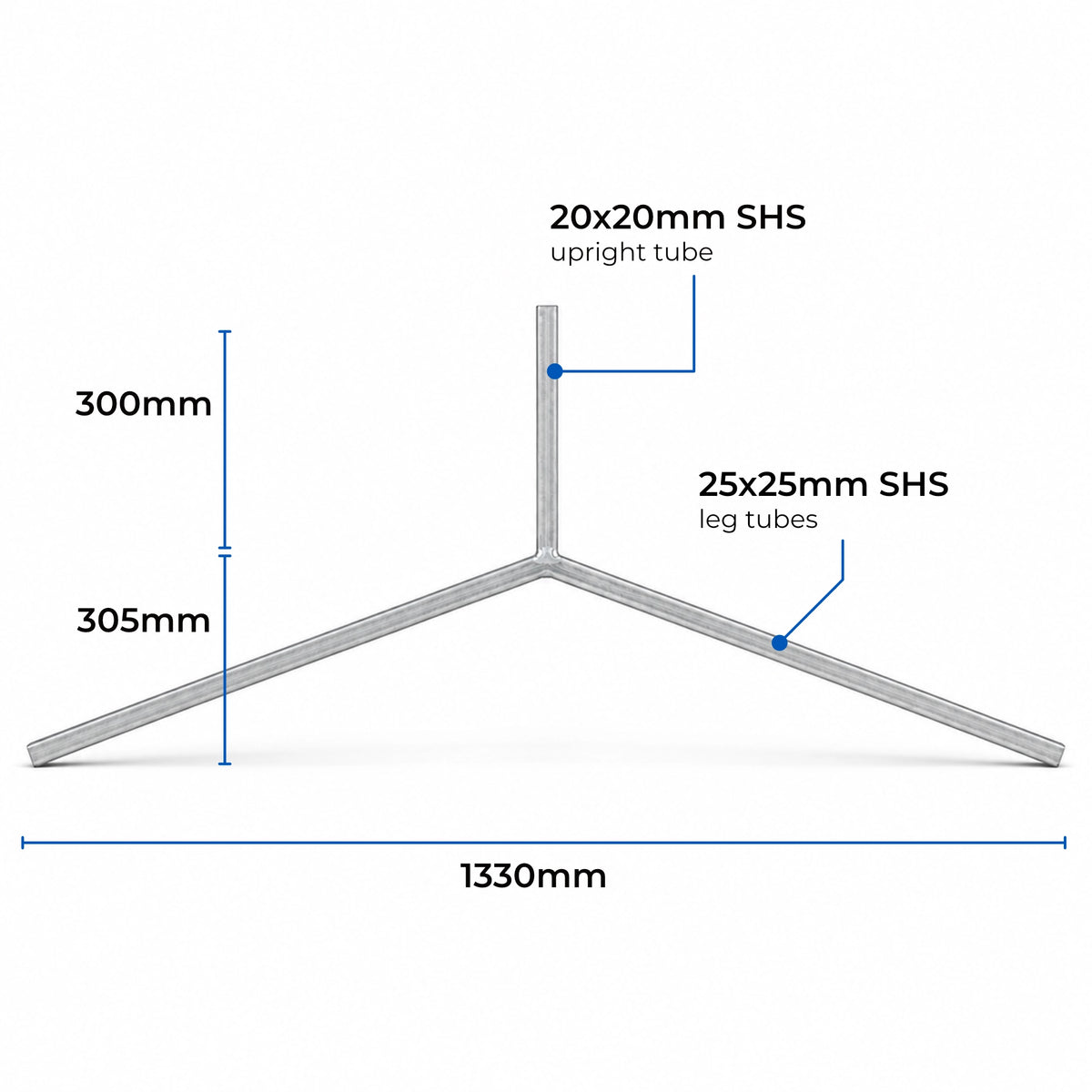 Feature graphic for the DuraGal traffic sign Y-leg showing the 2.0mm wall thickness steel construction and slot-in upright tube design