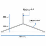 Feature graphic for the DuraGal traffic sign Y-leg showing the 2.0mm wall thickness steel construction and slot-in upright tube design