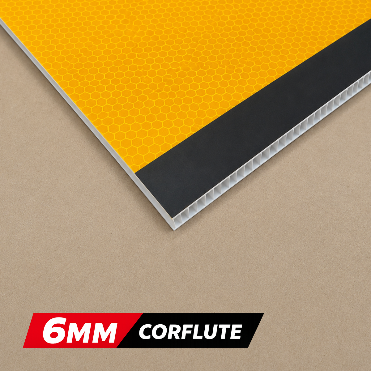6MM Corflute sheet with yellow, black border, and beige colours on a brown background