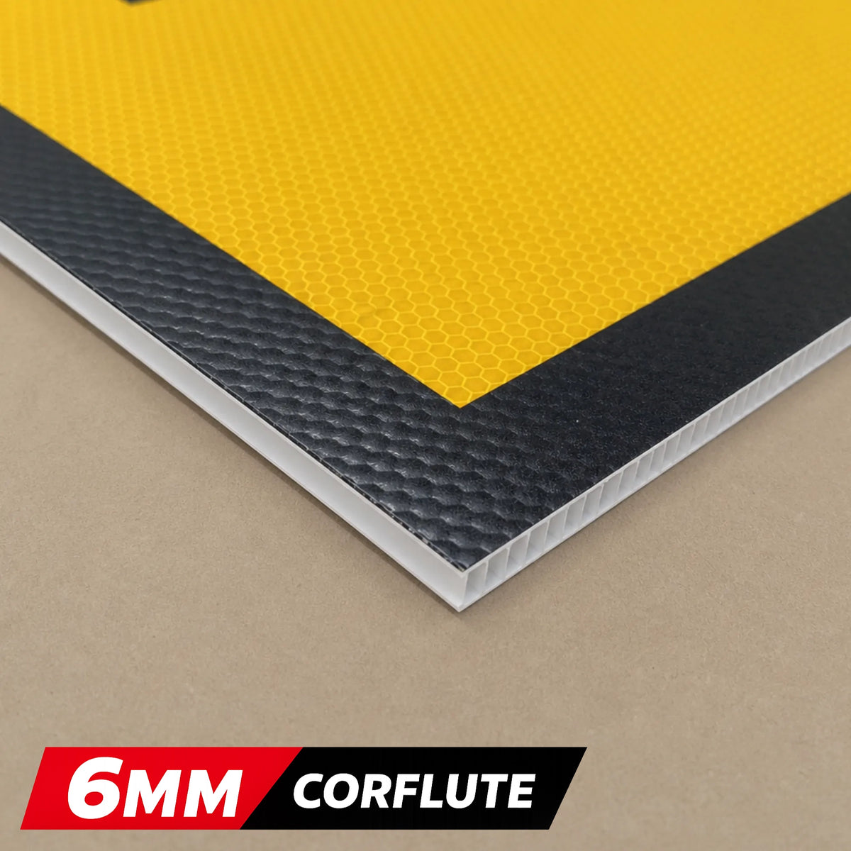 6MM Corflute sheet with yellow, black, and beige colors on a plain background